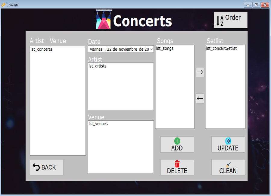 Foto interfaz de Setlists
